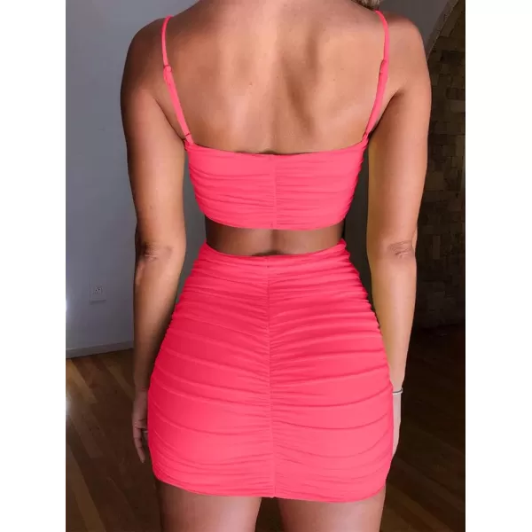 BEAGIMEG Womens Ruched Cami Crop Top Bodycon Skirt 2 Piece Outfits DressFluopink