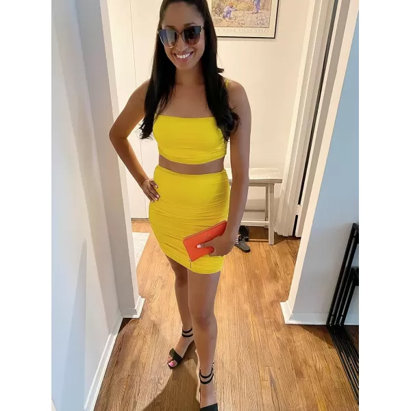 BEAGIMEG Womens Ruched Cami Crop Top Bodycon Skirt 2 Piece Outfits DressYellow