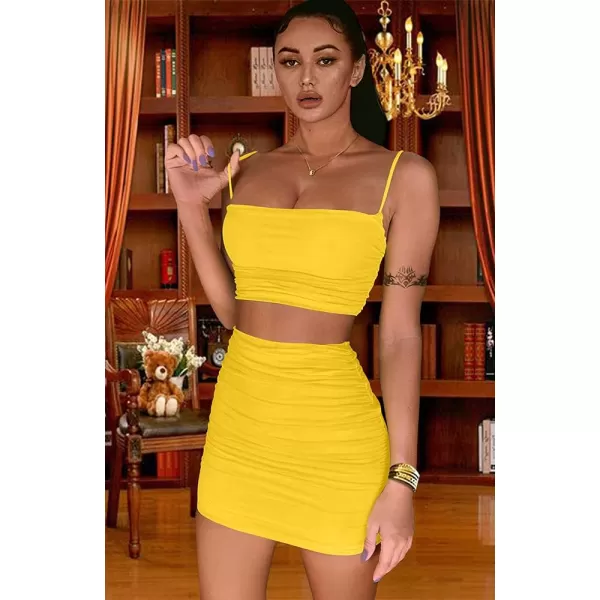 BEAGIMEG Womens Ruched Cami Crop Top Bodycon Skirt 2 Piece Outfits DressYellow