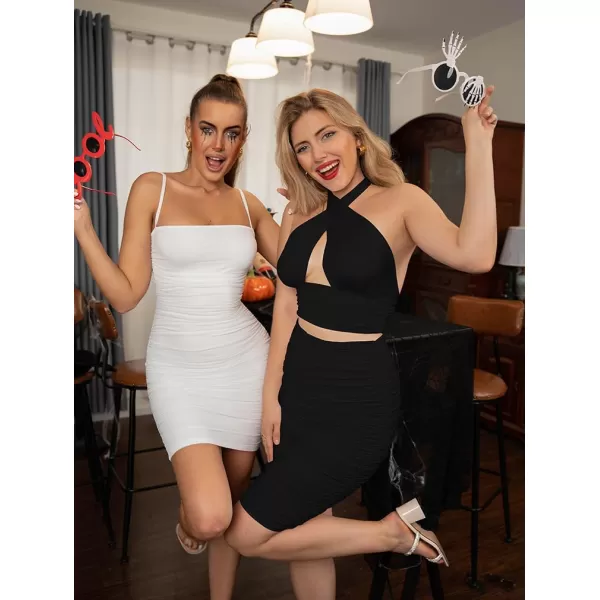 BEAGIMEG Womens Sexy Bodycon 2 Piece Sleeveless Ruched Midi Dress Cross Top Club Party DressBlack