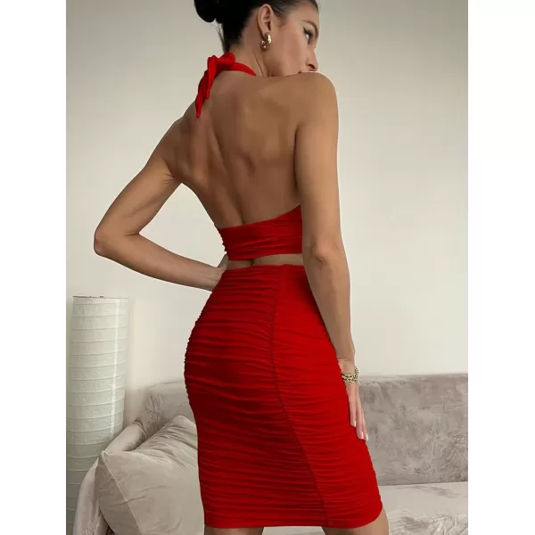 BEAGIMEG Womens Sexy Bodycon 2 Piece Sleeveless Ruched Midi Dress Cross Top Club Party DressRed