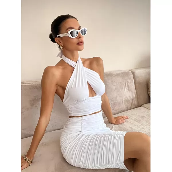 BEAGIMEG Womens Sexy Bodycon 2 Piece Sleeveless Ruched Midi Dress Cross Top Club Party DressWhite