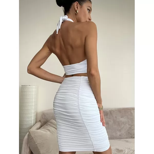 BEAGIMEG Womens Sexy Bodycon 2 Piece Sleeveless Ruched Midi Dress Cross Top Club Party DressWhite