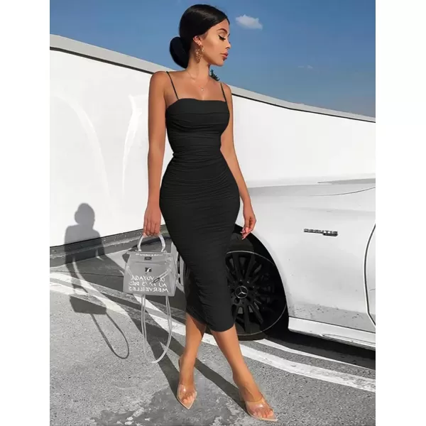 BEAGIMEG Womens Sexy Bodycon Summer Sleeveless Spaghetti Straps Ruched Casual Club Party Long DressBlack