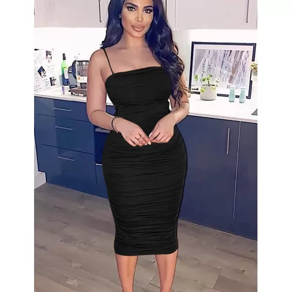 BEAGIMEG Womens Sexy Bodycon Summer Sleeveless Spaghetti Straps Ruched Casual Club Party Long DressBlack