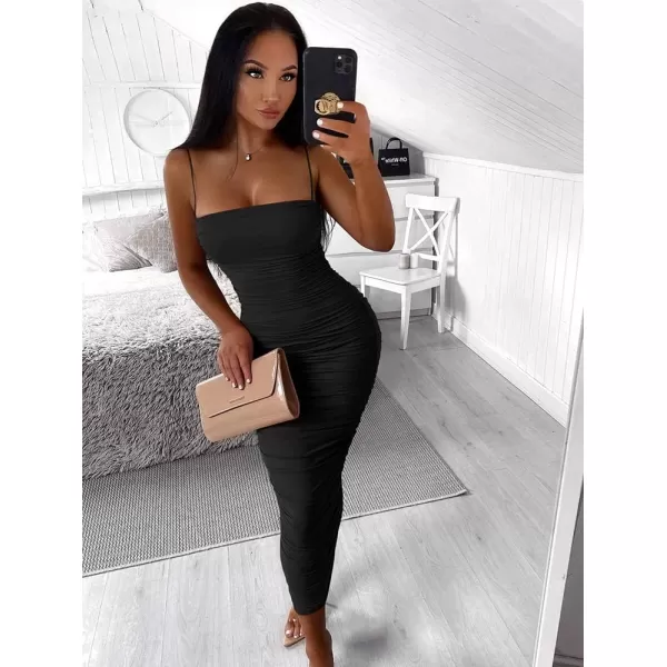 BEAGIMEG Womens Sexy Bodycon Summer Sleeveless Spaghetti Straps Ruched Casual Club Party Long DressBlack