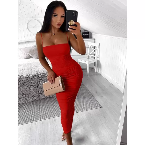 BEAGIMEG Womens Sexy Bodycon Summer Sleeveless Spaghetti Straps Ruched Casual Club Party Long DressRed