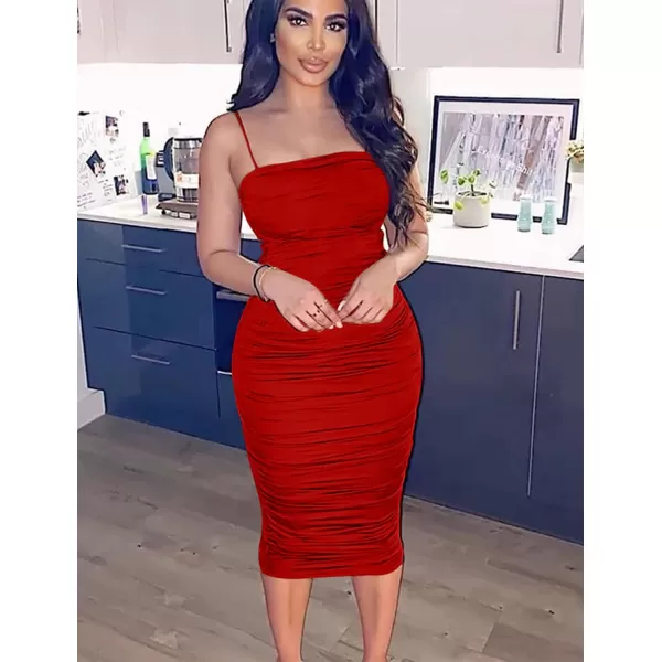 BEAGIMEG Womens Sexy Bodycon Summer Sleeveless Spaghetti Straps Ruched Casual Club Party Long DressRed