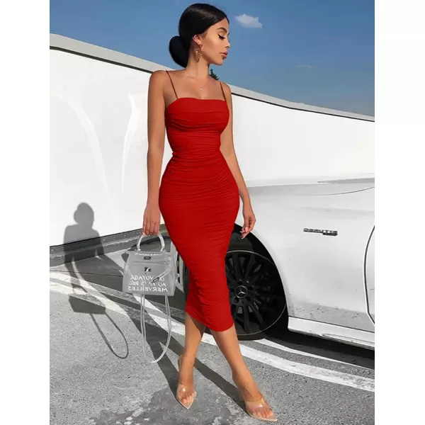 BEAGIMEG Womens Sexy Bodycon Summer Sleeveless Spaghetti Straps Ruched Casual Club Party Long DressRed