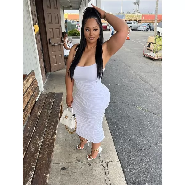 BEAGIMEG Womens Sexy Bodycon Summer Sleeveless Spaghetti Straps Ruched Casual Club Party Long DressWhite