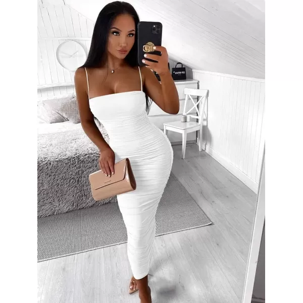 BEAGIMEG Womens Sexy Bodycon Summer Sleeveless Spaghetti Straps Ruched Casual Club Party Long DressWhite