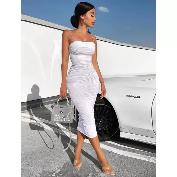 BEAGIMEG Womens Sexy Bodycon Summer Sleeveless Spaghetti Straps Ruched Casual Club Party Long DressWhite
