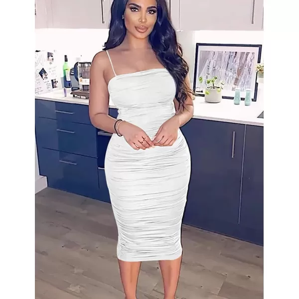 BEAGIMEG Womens Sexy Bodycon Summer Sleeveless Spaghetti Straps Ruched Casual Club Party Long DressWhite