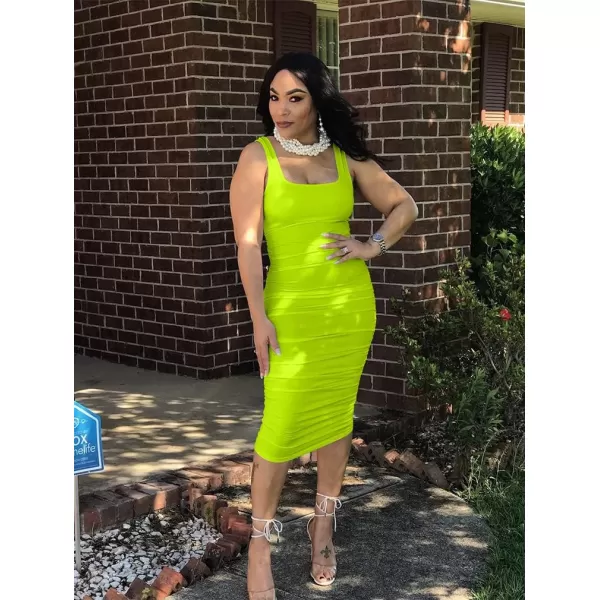 BEAGIMEG Womens Sexy Ruched Bodycon Casual Solid Sleeveless Tank Midi DressFluorescent Green