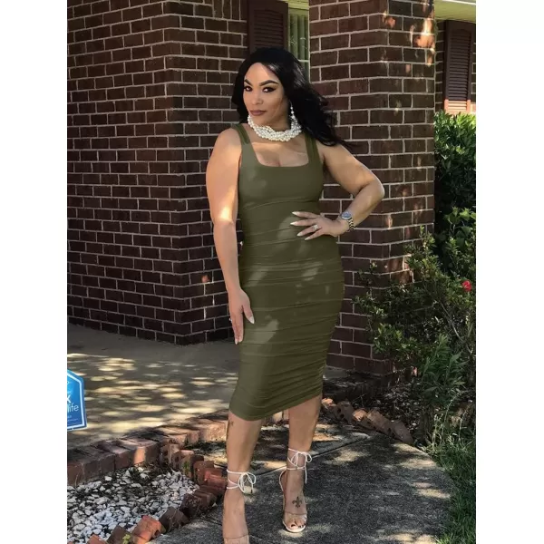 BEAGIMEG Womens Sexy Ruched Bodycon Casual Solid Sleeveless Tank Midi DressOlive