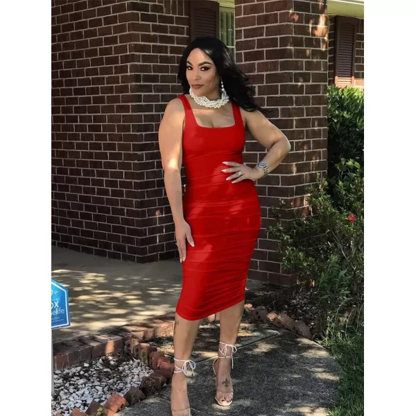 BEAGIMEG Womens Sexy Ruched Bodycon Casual Solid Sleeveless Tank Midi DressRed