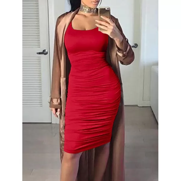 BEAGIMEG Womens Sexy Ruched Bodycon Casual Solid Sleeveless Tank Midi DressRed