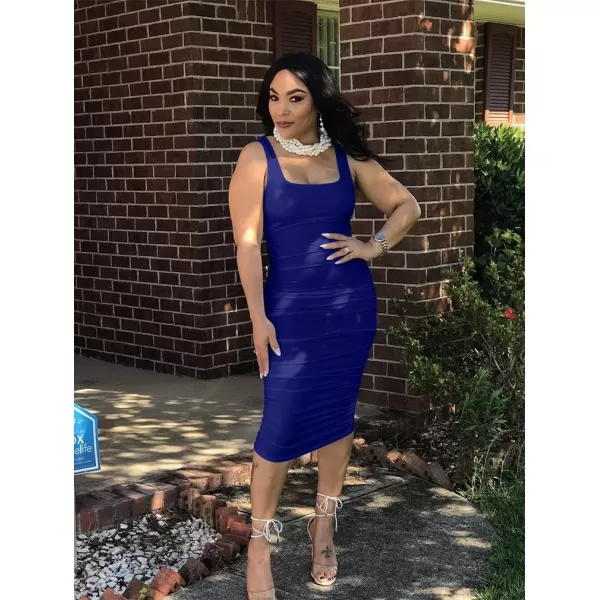 BEAGIMEG Womens Sexy Ruched Bodycon Casual Solid Sleeveless Tank Midi DressRoyal Blue