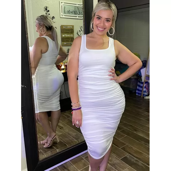 BEAGIMEG Womens Sexy Ruched Bodycon Casual Solid Sleeveless Tank Midi DressWhite
