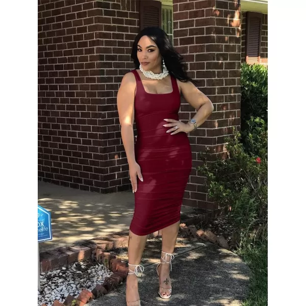 BEAGIMEG Womens Sexy Ruched Bodycon Casual Solid Sleeveless Tank Midi DressWine Red