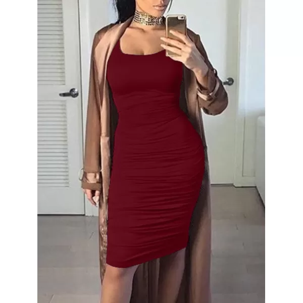 BEAGIMEG Womens Sexy Ruched Bodycon Casual Solid Sleeveless Tank Midi DressWine Red