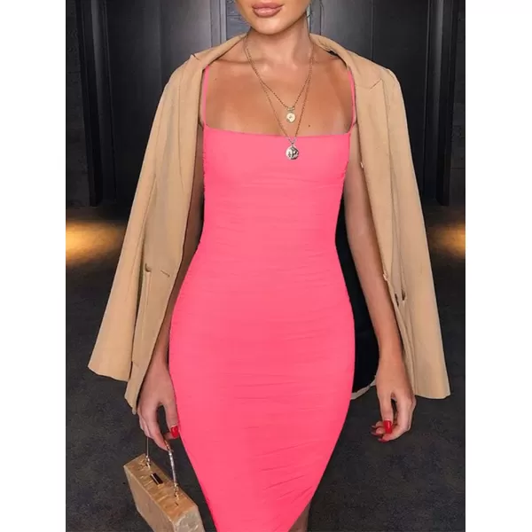 BEAGIMEG Womens Sexy Spaghetti Strap Bodycon Ruched Club Mini Party DressFluopink Pink