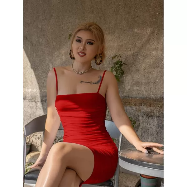 BEAGIMEG Womens Sexy Spaghetti Strap Bodycon Ruched Club Mini Party DressRed