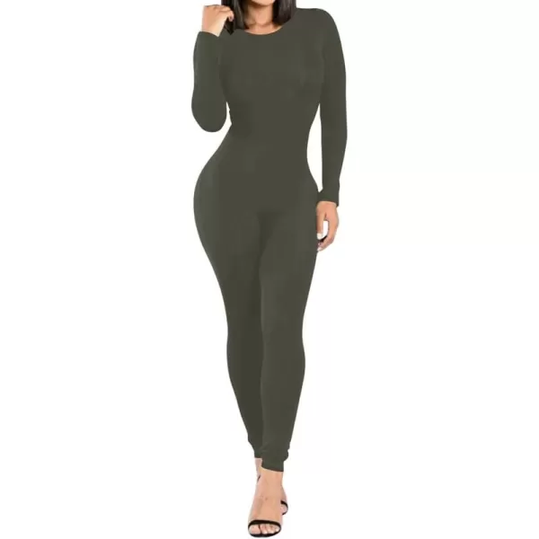 BEAGIMEG Womens Basic Long sleeve One Piece Crew Neck Romper Bodycon JumpsuitsOlive