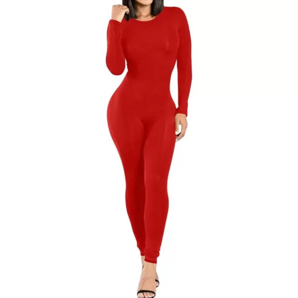 BEAGIMEG Womens Basic Long sleeve One Piece Crew Neck Romper Bodycon JumpsuitsRed