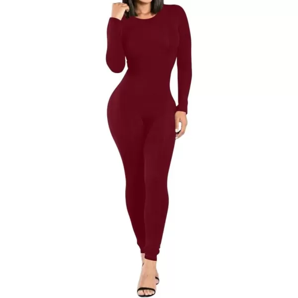 BEAGIMEG Womens Basic Long sleeve One Piece Crew Neck Romper Bodycon JumpsuitsWine Red