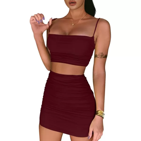 BEAGIMEG Womens Ruched Cami Crop Top Bodycon Skirt 2 Piece Outfits DressBurgundy