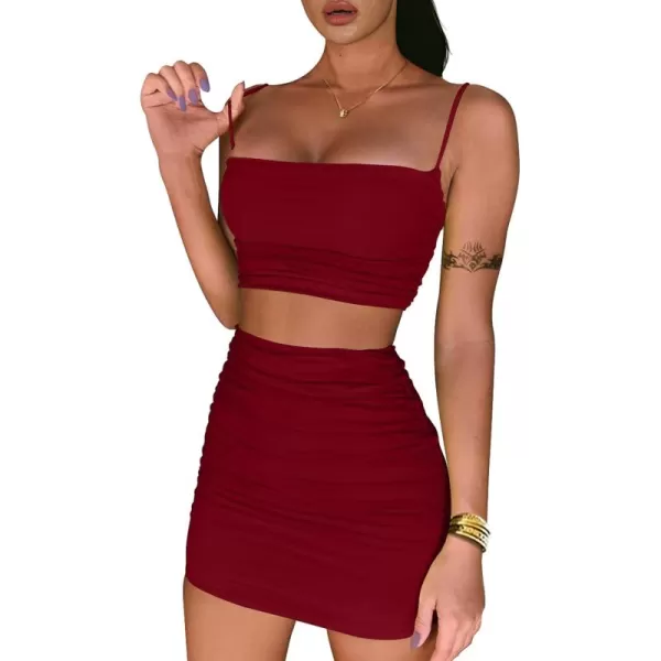 BEAGIMEG Womens Ruched Cami Crop Top Bodycon Skirt 2 Piece Outfits DressCherry Red