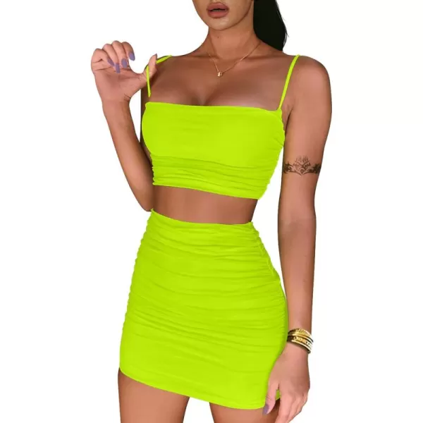 BEAGIMEG Womens Ruched Cami Crop Top Bodycon Skirt 2 Piece Outfits DressFluogreen