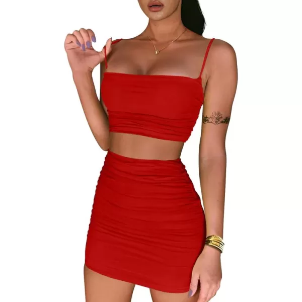 BEAGIMEG Womens Ruched Cami Crop Top Bodycon Skirt 2 Piece Outfits DressRed