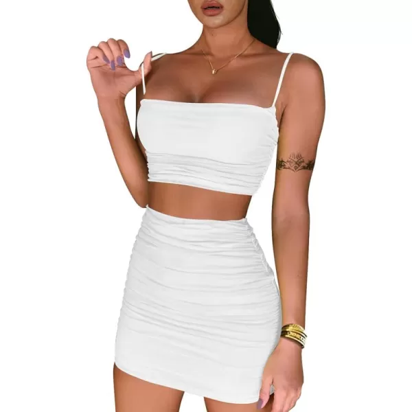 BEAGIMEG Womens Ruched Cami Crop Top Bodycon Skirt 2 Piece Outfits DressWhite