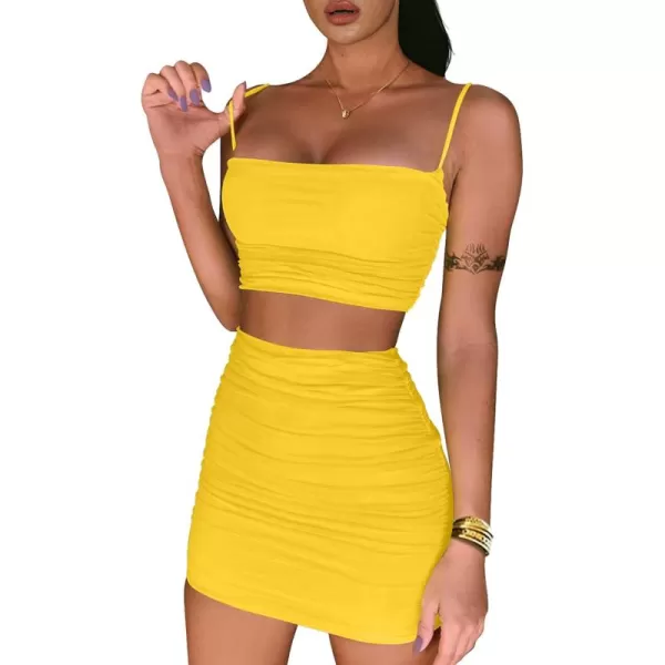 BEAGIMEG Womens Ruched Cami Crop Top Bodycon Skirt 2 Piece Outfits DressYellow