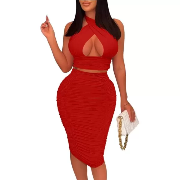 BEAGIMEG Womens Sexy Bodycon 2 Piece Sleeveless Ruched Midi Dress Cross Top Club Party DressRed