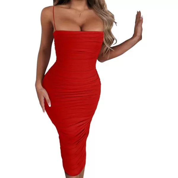 BEAGIMEG Womens Sexy Bodycon Summer Sleeveless Spaghetti Straps Ruched Casual Club Party Long DressRed