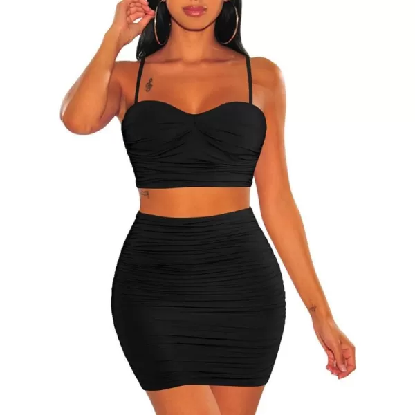 BEAGIMEG Womens Spaghetti Strap Sexy Top Bodycon Skirt Ruched 2 Piece Mini DressBlack