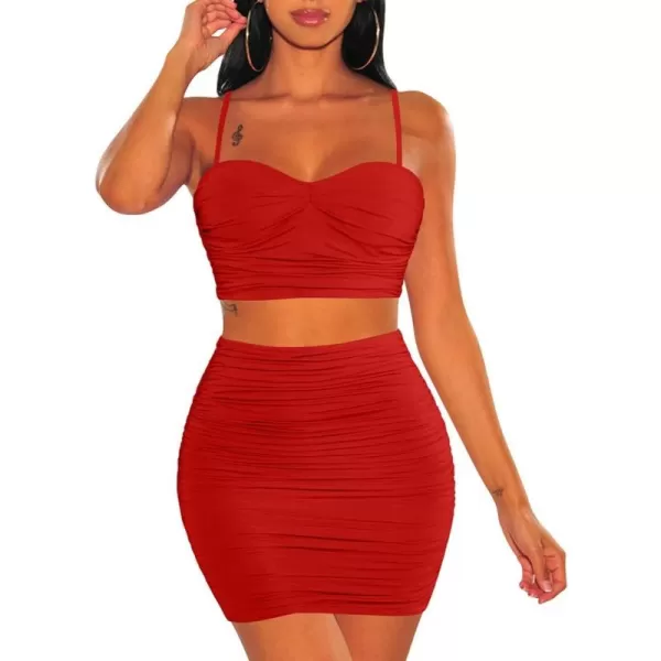 BEAGIMEG Womens Spaghetti Strap Sexy Top Bodycon Skirt Ruched 2 Piece Mini DressRed