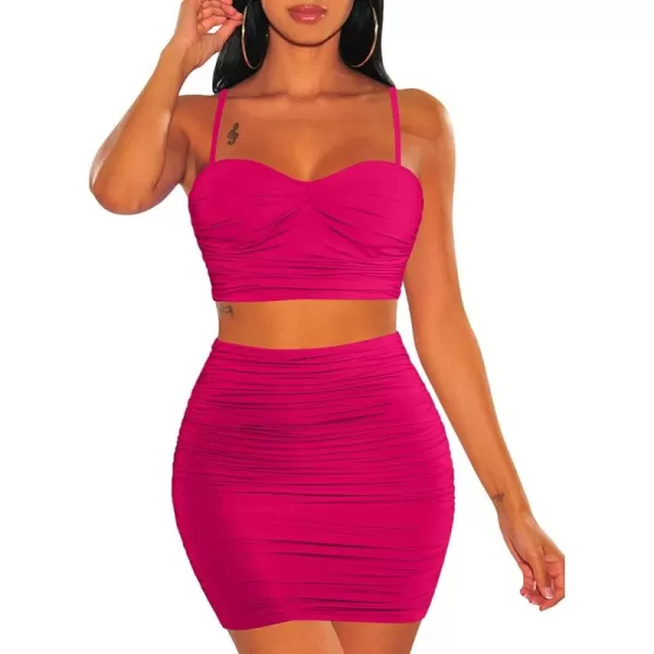 BEAGIMEG Womens Spaghetti Strap Sexy Top Bodycon Skirt Ruched 2 Piece Mini DressRose