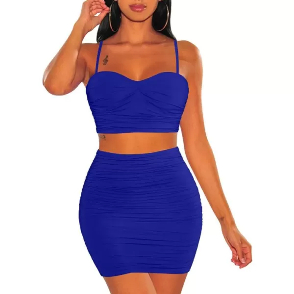 BEAGIMEG Womens Spaghetti Strap Sexy Top Bodycon Skirt Ruched 2 Piece Mini DressRoyal Blue