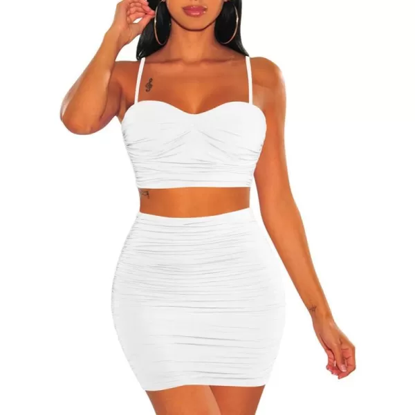 BEAGIMEG Womens Spaghetti Strap Sexy Top Bodycon Skirt Ruched 2 Piece Mini DressWhite