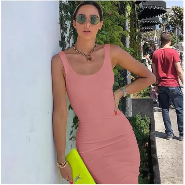 BEAGIMEG Womens Basic Tank Bodycon Sleeveless Solid Casual Long DressDarkpink