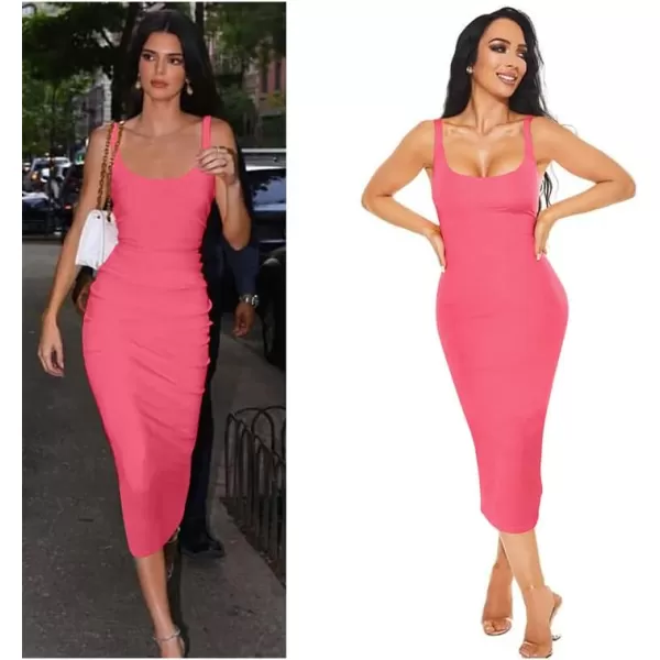 BEAGIMEG Womens Basic Tank Bodycon Sleeveless Solid Casual Long DressFluorescent Pink