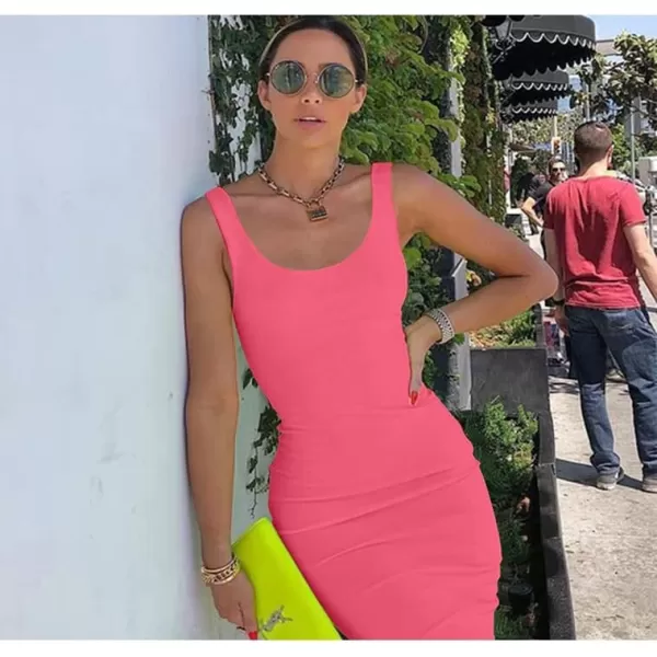 BEAGIMEG Womens Basic Tank Bodycon Sleeveless Solid Casual Long DressFluorescent Pink