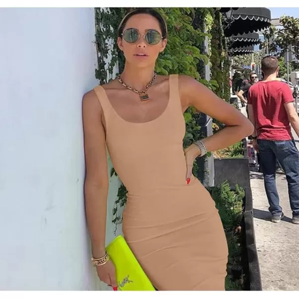 BEAGIMEG Womens Basic Tank Bodycon Sleeveless Solid Casual Long DressKhaki