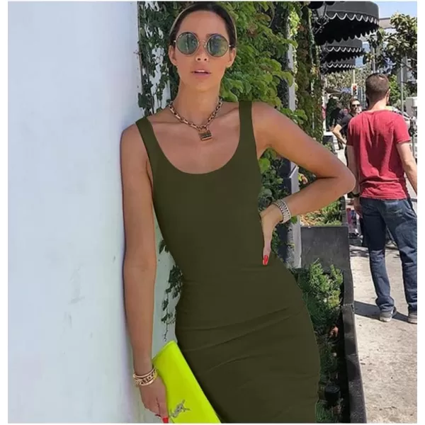 BEAGIMEG Womens Basic Tank Bodycon Sleeveless Solid Casual Long DressOlive