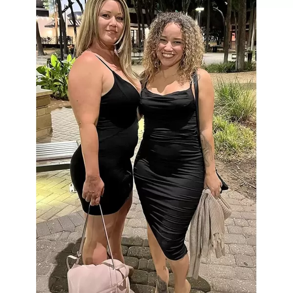 BEAGIMEG Womens Ruched Backless Spaghetti Strap Bodycon Party Club Midi DressBlack
