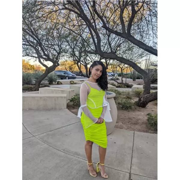BEAGIMEG Womens Ruched Backless Spaghetti Strap Bodycon Party Club Midi DressFluogreen
